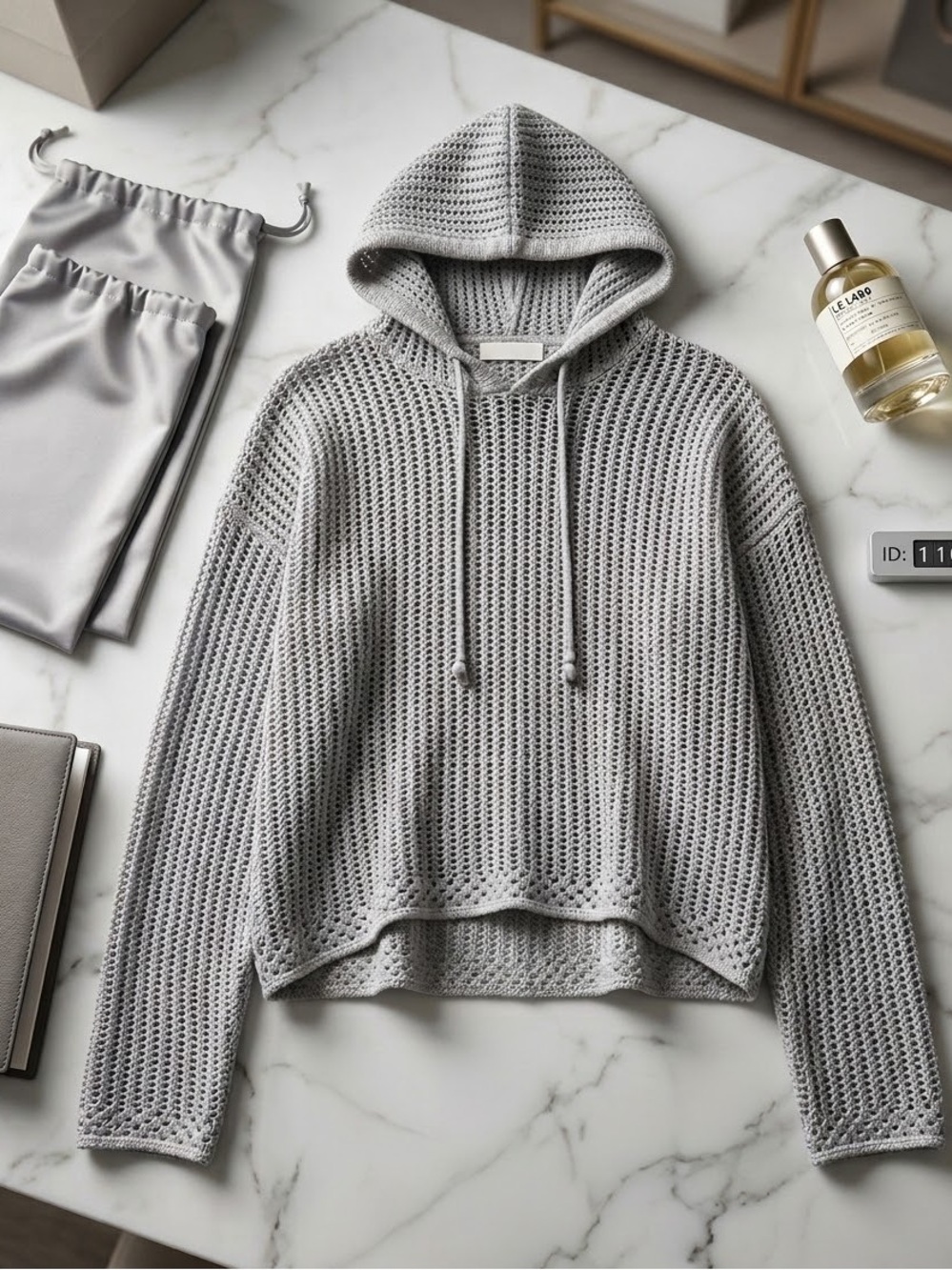 Women's Light Gray Open-Knit Hooded Sweater - Casual Pullover
